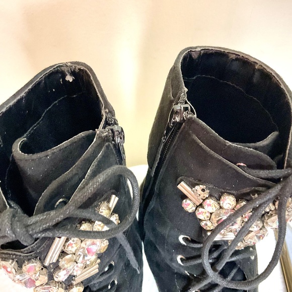 BLACK SUEDE ROUNDED TOE SIDE ZIP BUCKLE LACE UP ANKLE BOOTS WITH CRYSTAL DETAIL - Picture 11 of 16